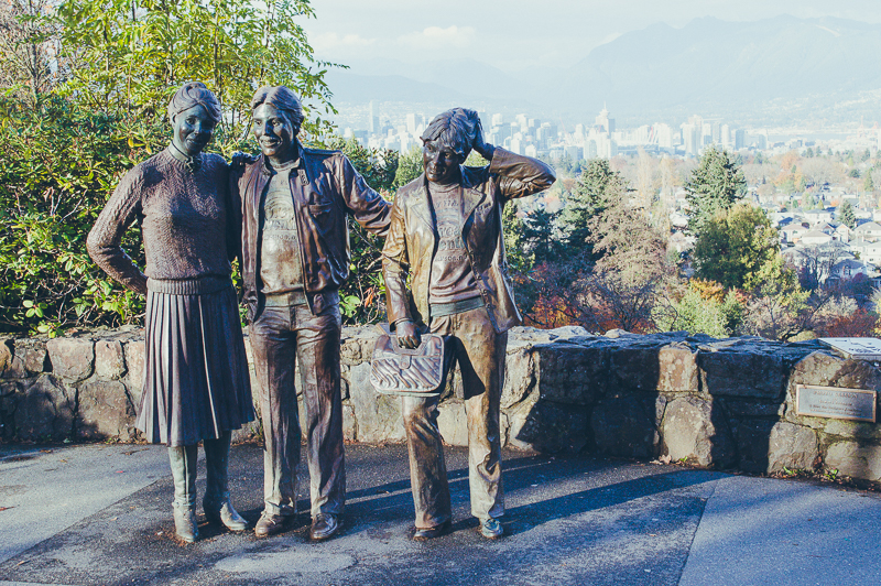 Statues and Vancouver skyline views from Queen Elizabeth Park