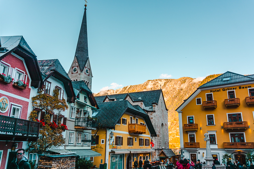 Colourful buildings in the Marktplatz in Hallstatt, Austria