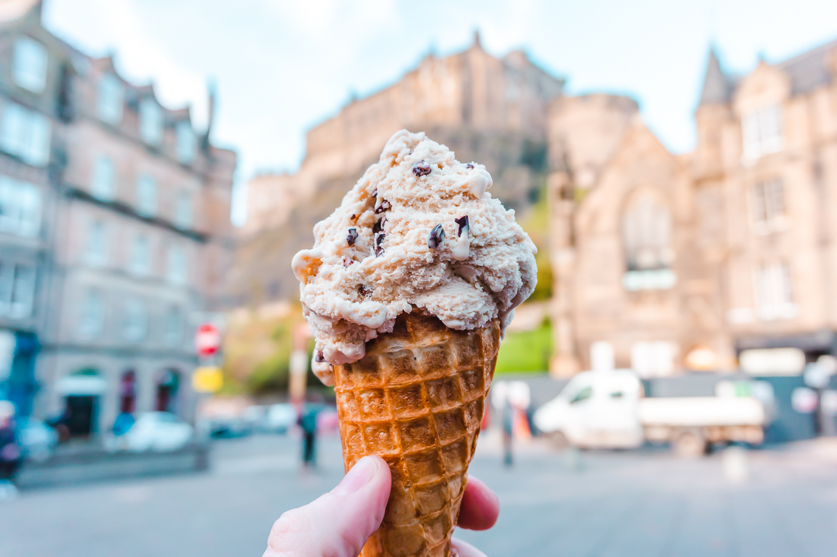 Ice cream from Mary's Milk Bar with Edinburgh Castle in the background.