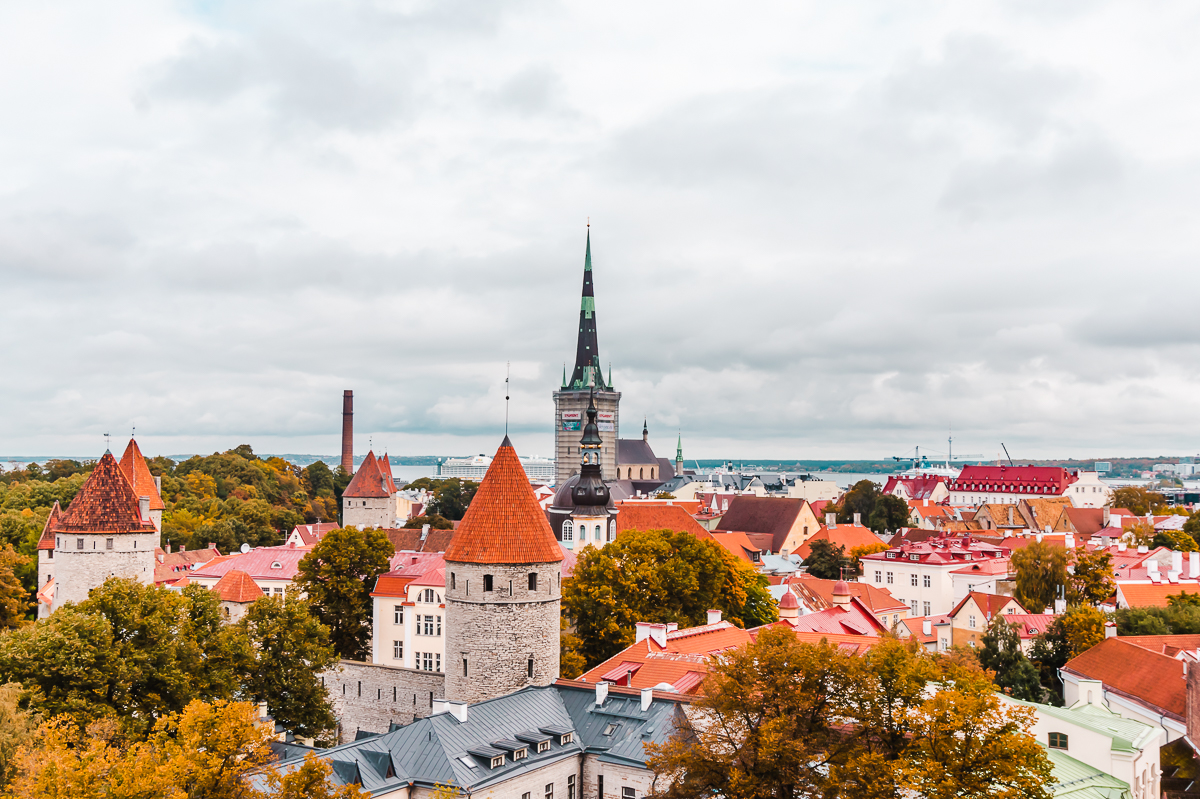 View of terracotta roofs and golden trees in Tallinn, Estonia (Europe budget travel tips).